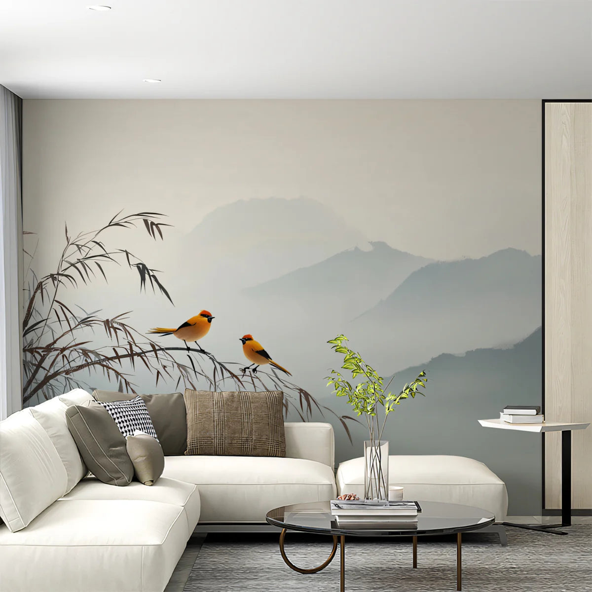 Misty Mountain Bird Mural Wallpaper — Minimalist Ink Wash Style Mural Wallpaper - pure wallpaper artwork