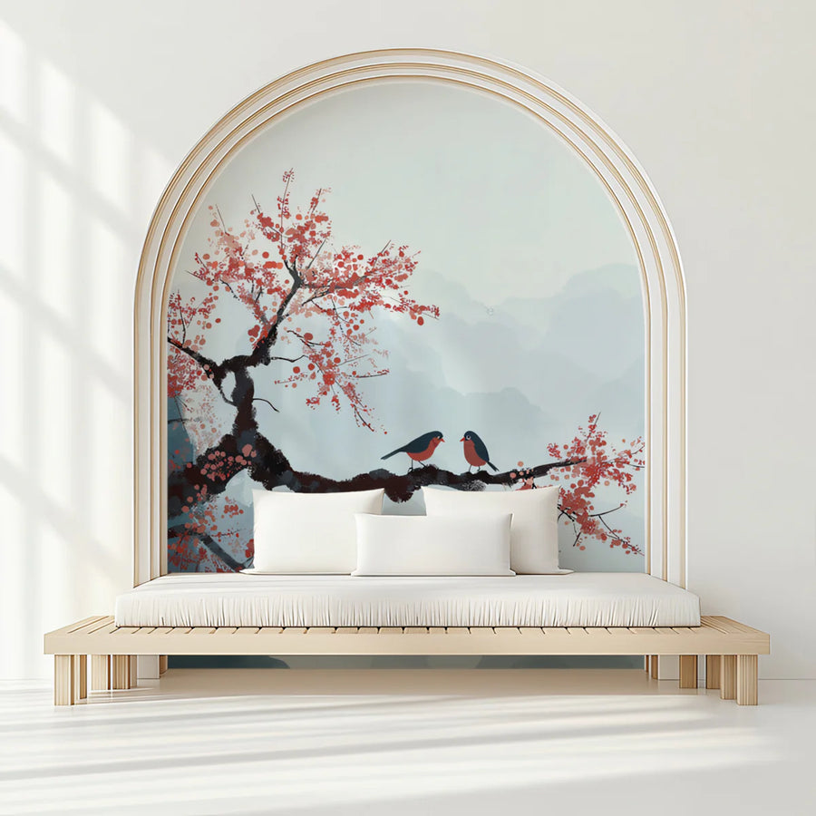 Cherry Blossom Mountain Mural Wallpaper — Ink Wash Style Landscape Mural Wallpaper