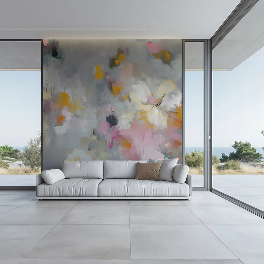 Abstract Floral Mural Wallpaper — Painterly Gray with Warm Accents Mural Wallpaper
