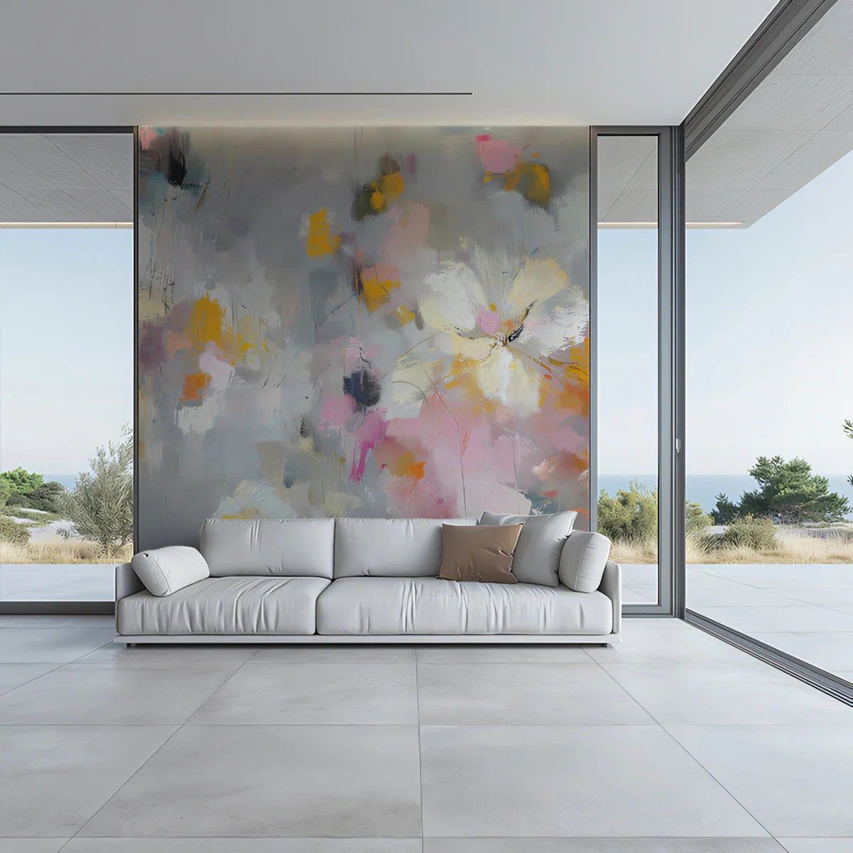 Abstract Floral Mural Wallpaper — Painterly Gray with Warm Accents Mural Wallpaper - pure wallpaper artwork