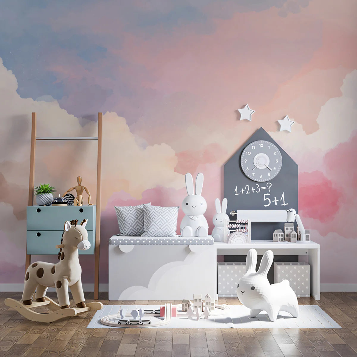 Dreamy Watercolor Sunset Sky Mural Wallpaper — Pastel Cloud Motif Mural Wallpaper - pure wallpaper artwork