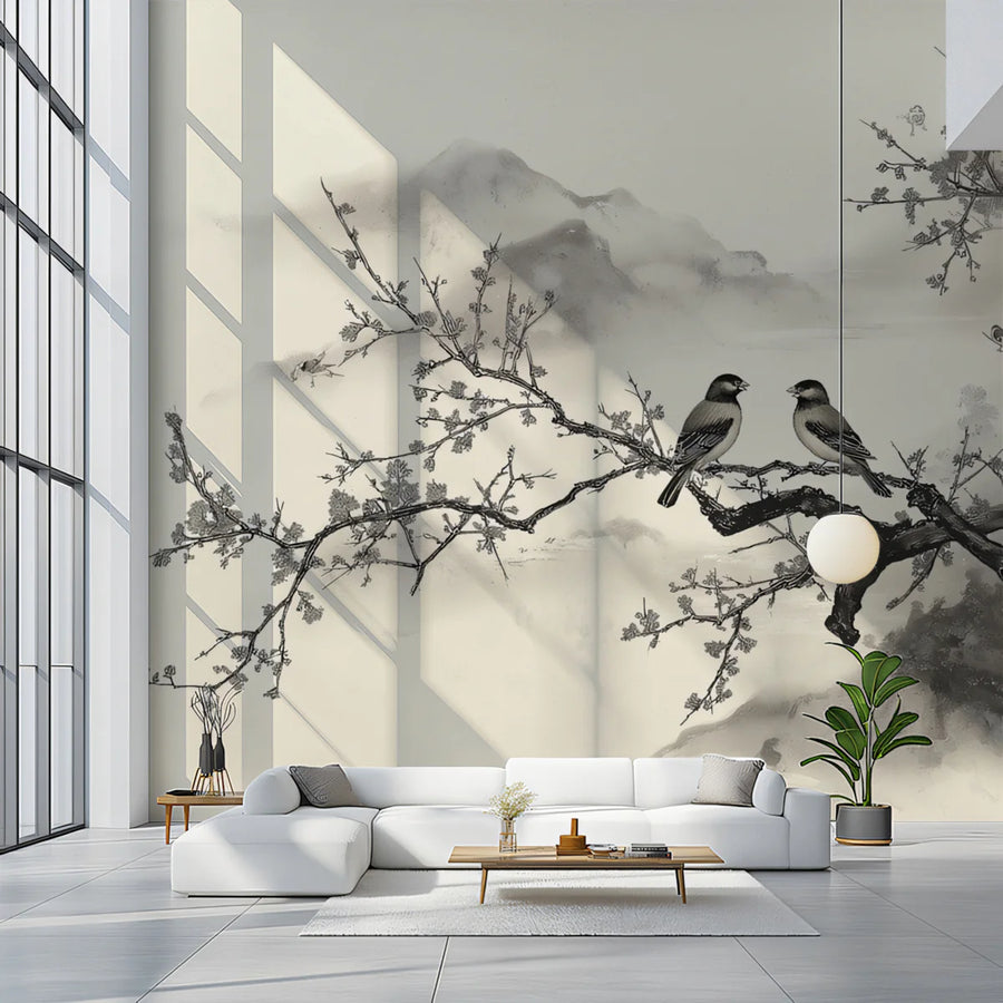 Zen Plum Blossom Mural Wallpaper — Traditional Ink Wash Mountain Art Mural Wallpaper