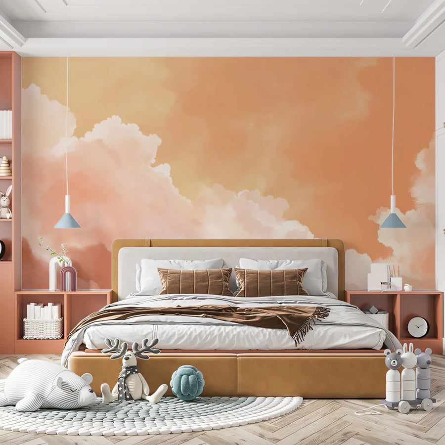 Sunset Cloud Watercolor Mural Wallpaper — Abstract Warm Peach Sky Mural Wallpaper