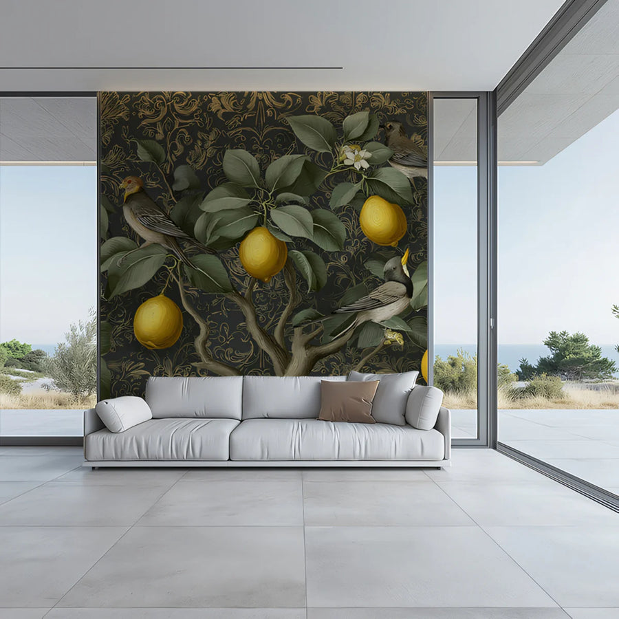 Lemon Tree Botanical Mural Wallpaper — Dark Damask Backdrop Mural Wallpaper
