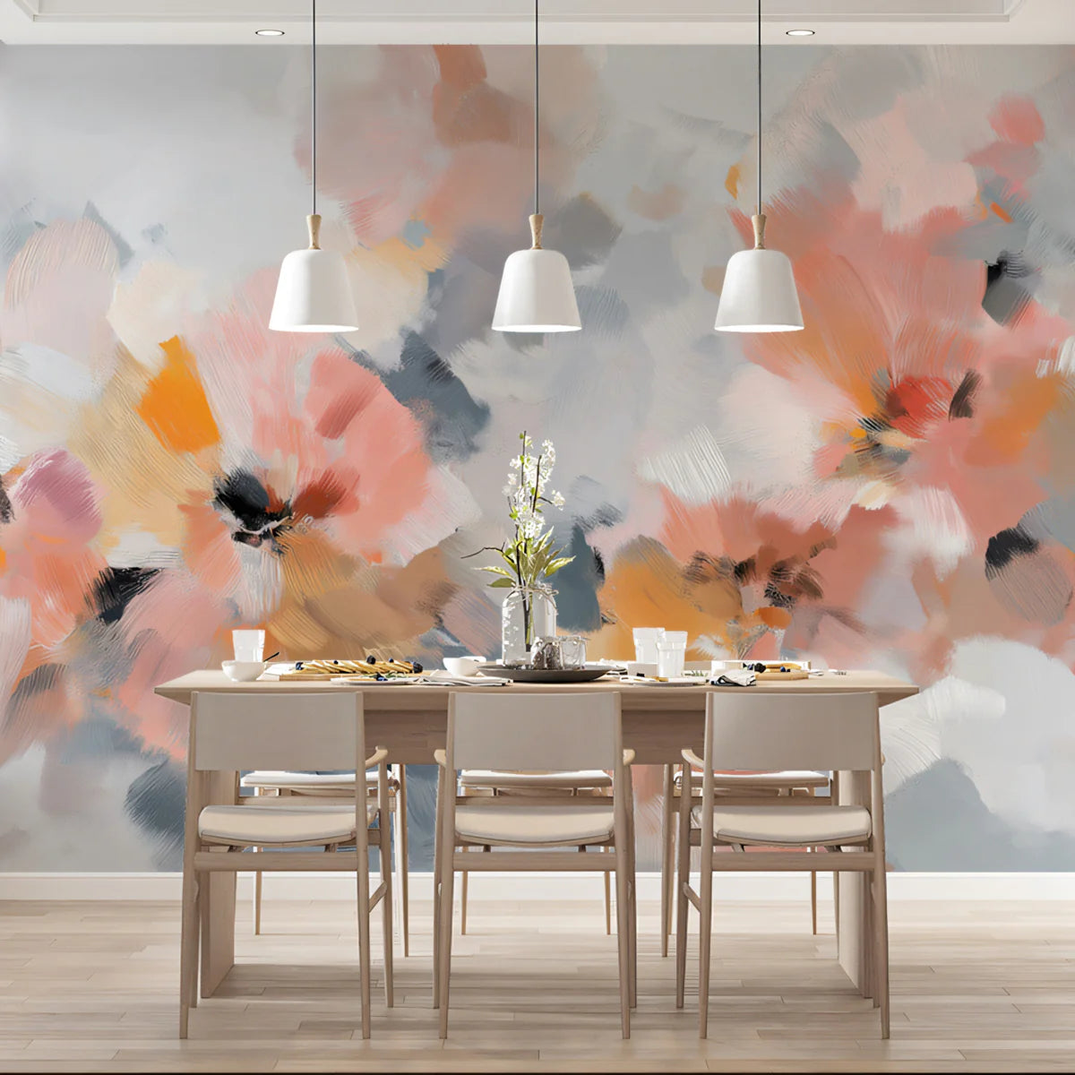 Abstract Impressionist Floral Mural Wallpaper — Soft Peach & Gray Mural Wallpaper - pure wallpaper artwork