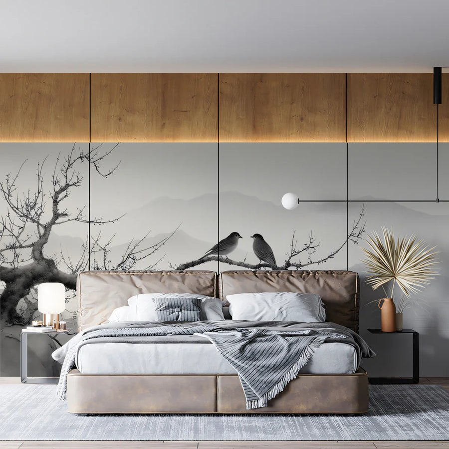 Zen Birds and Mist Mural Wallpaper — Minimalist Ink Wash Art Mural Wallpaper