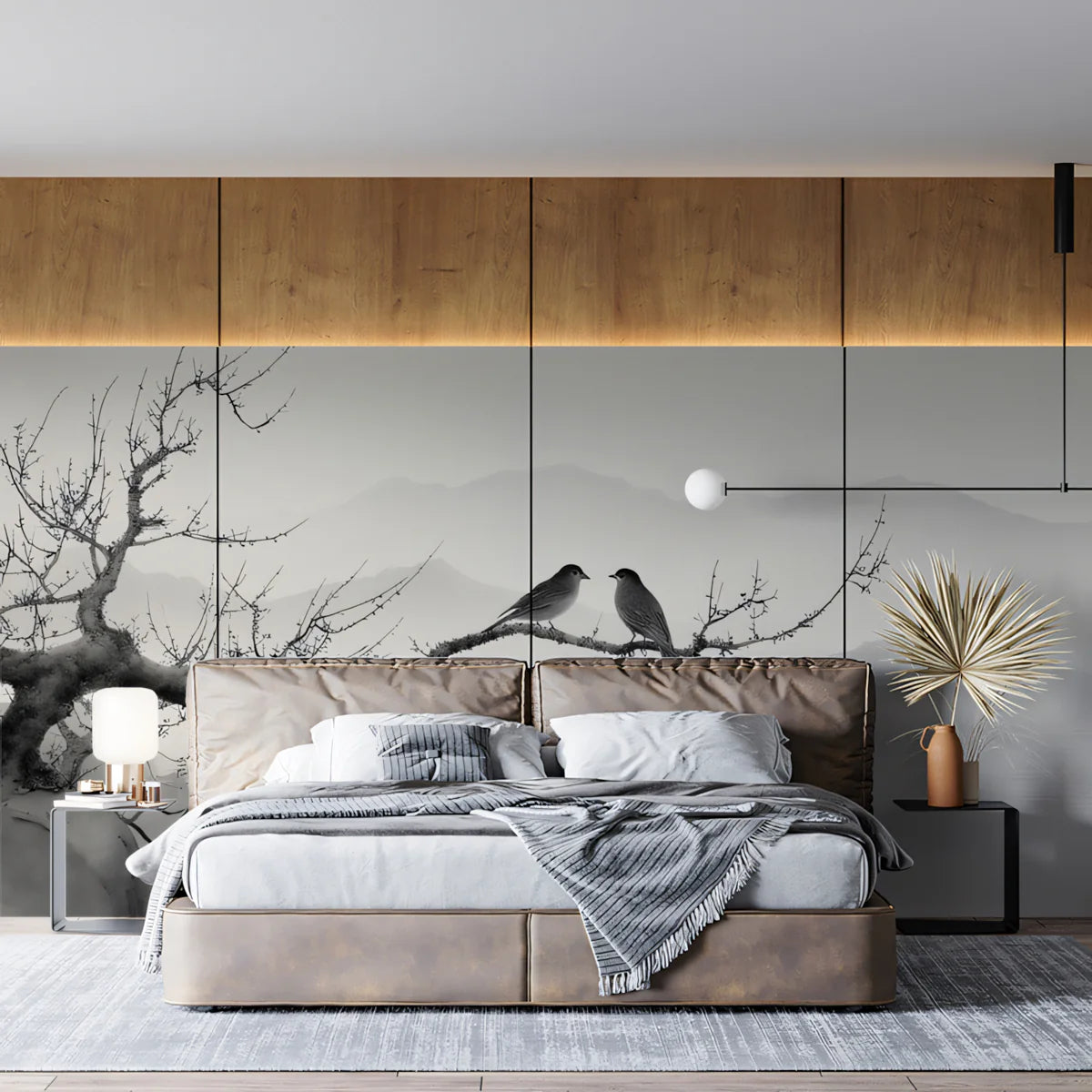 Zen Birds and Mist Mural Wallpaper — Minimalist Ink Wash Art Mural Wallpaper - pure wallpaper artwork