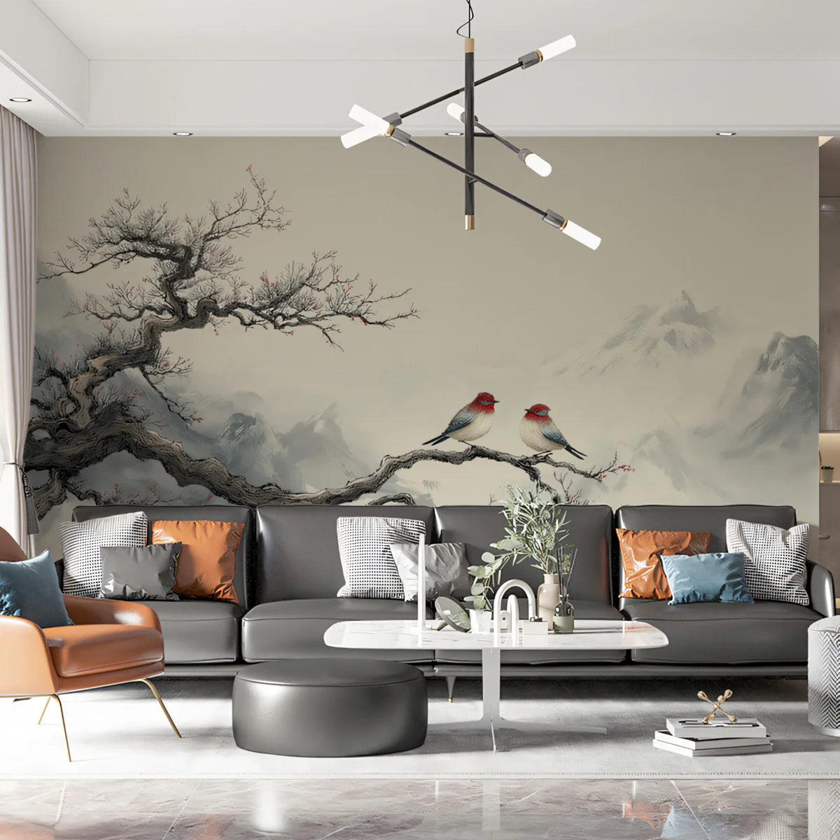 Zen Mountain Bird Mural Wallpaper — Minimalist Winter Landscape Mural Wallpaper - pure wallpaper artwork