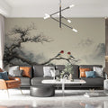 Zen Mountain Bird Mural Wallpaper — Minimalist Winter Landscape Mural Wallpaper - pure wallpaper artwork