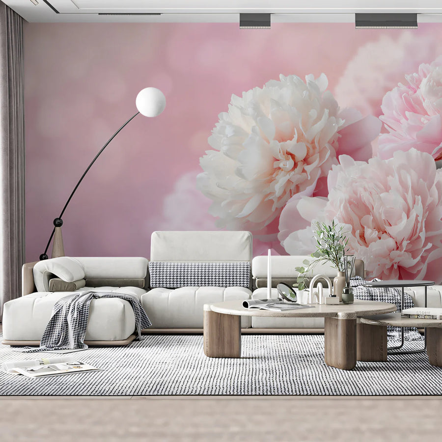 Soft Pink Peony Bloom Mural Wallpaper — Ethereal Floral Design Mural Wallpaper