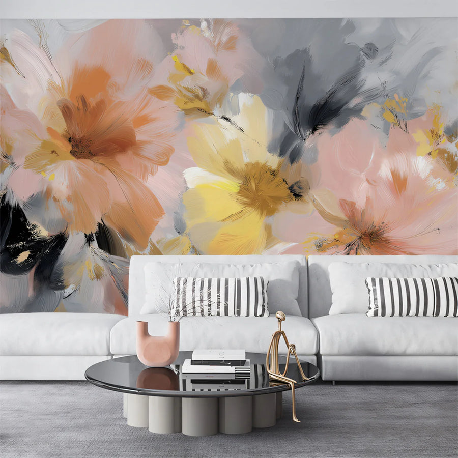 Abstract Floral Bloom Mural Wallpaper — Peach and Charcoal Gray Mural Wallpaper
