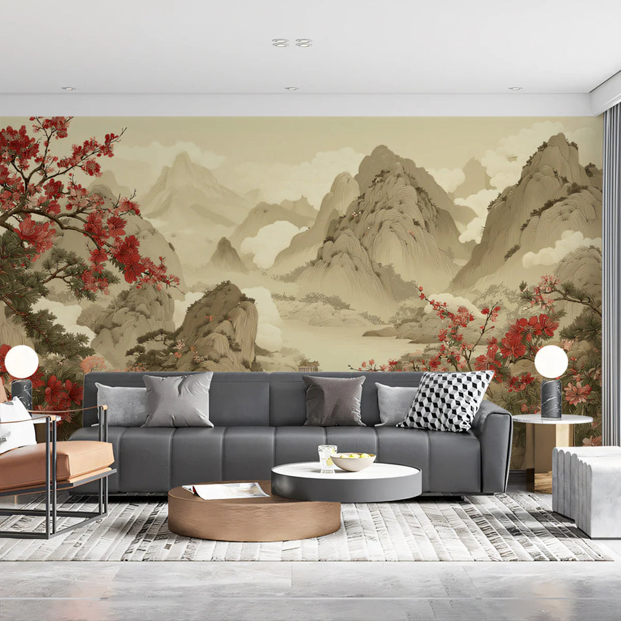 East Asian Landscape Mural Wallpaper — Red Blossom Mountain Scene Mural Wallpaper