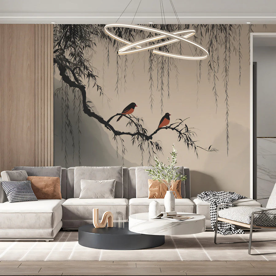 Zen Willow Tree Mural Wallpaper — Minimalist Bird Landscape Mural Wallpaper