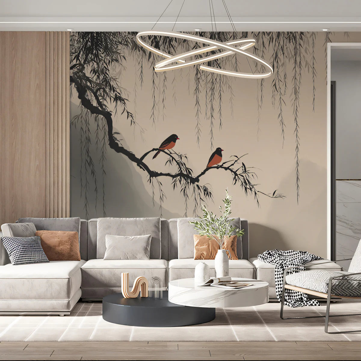 Zen Willow Tree Mural Wallpaper — Minimalist Bird Landscape Mural Wallpaper - pure wallpaper artwork