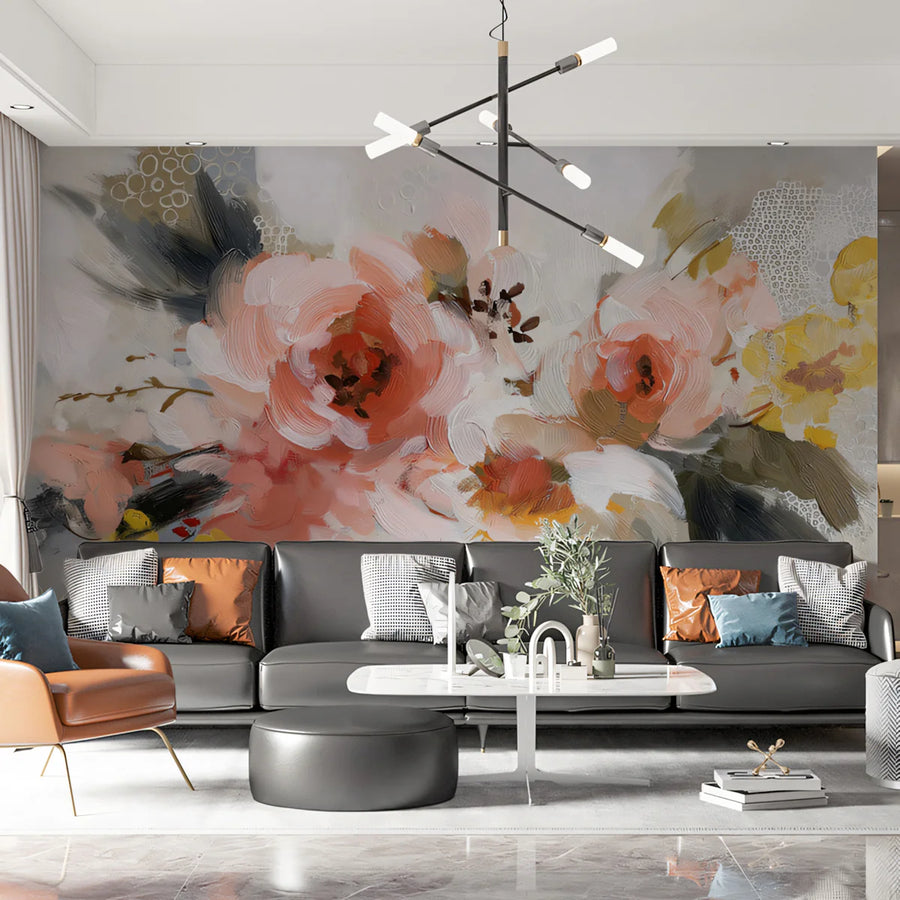 Impressionist Floral Mural Wallpaper — Soft Peach and Ochre Bouquet Mural Wallpaper