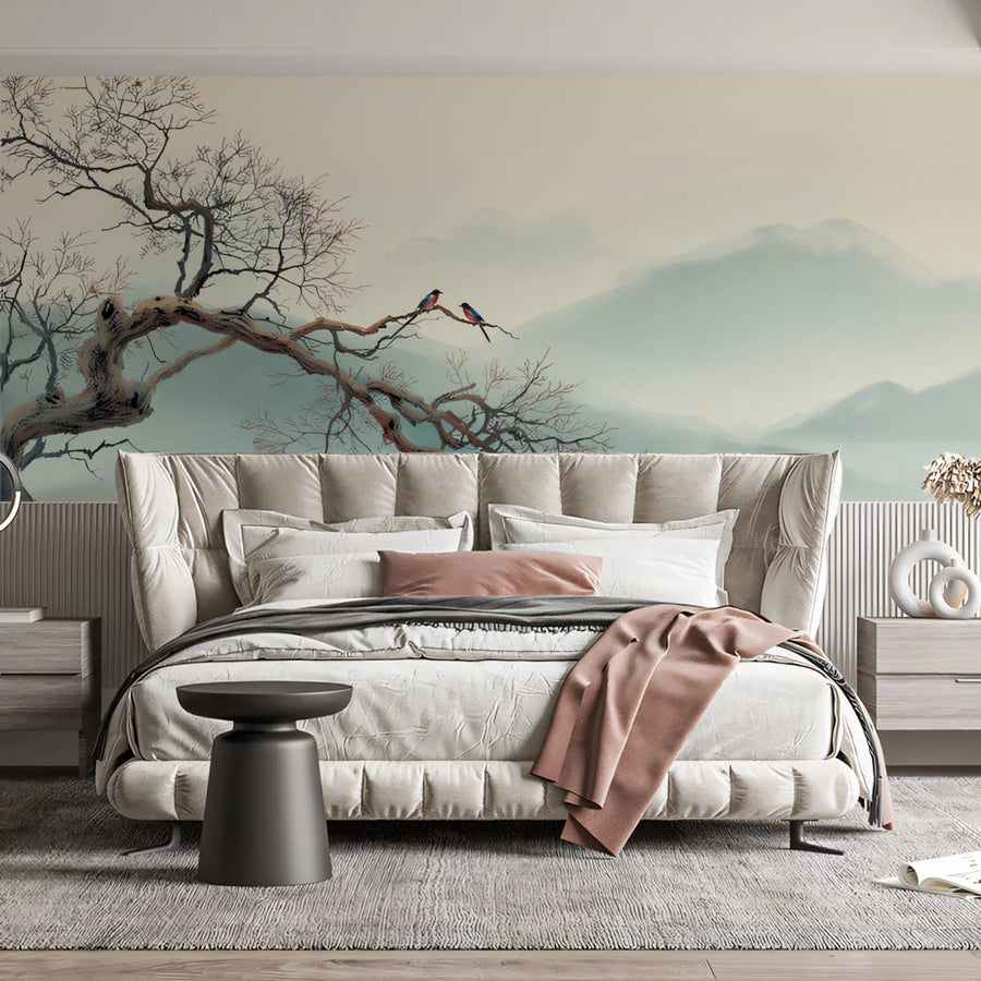 Misty Mountain Ink Wash Mural Wallpaper — Minimalist Zen Landscape Mural Wallpaper