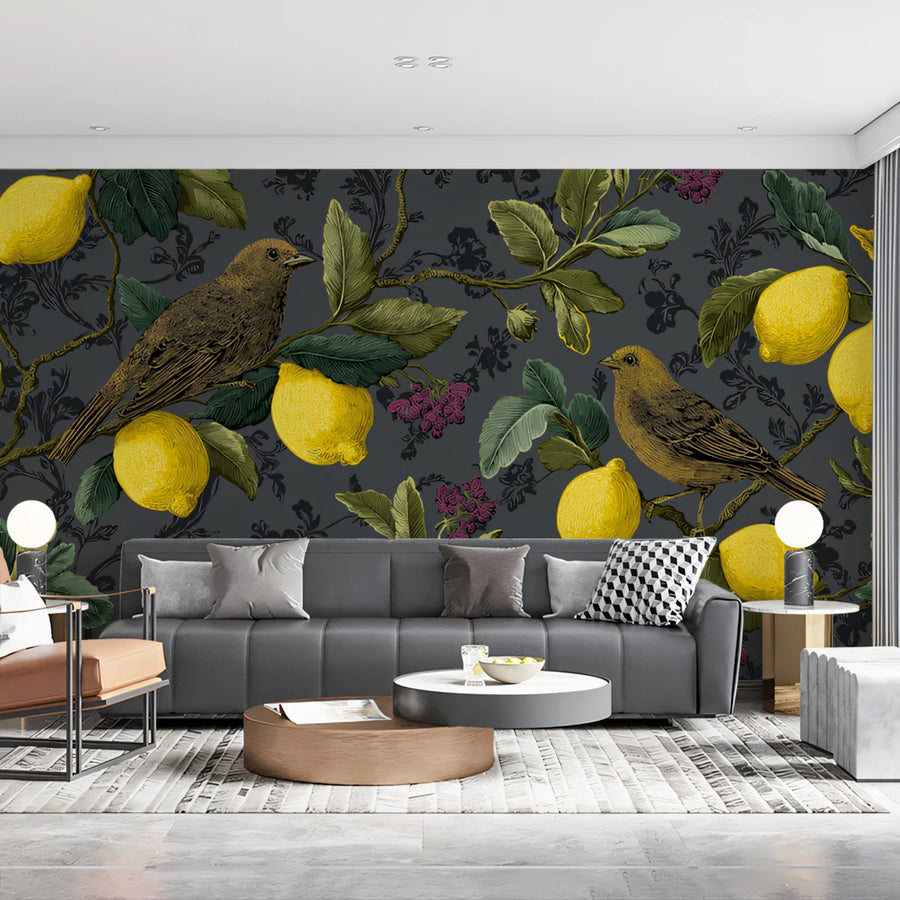Vintage Lemon and Songbird Mural Wallpaper in Dark Charcoal Mural Wallpaper
