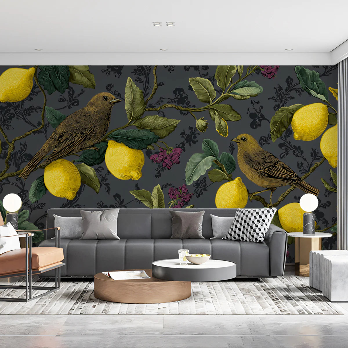 Vintage Lemon and Songbird Mural Wallpaper in Dark Charcoal Mural Wallpaper - pure wallpaper artwork
