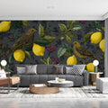 Vintage Lemon and Songbird Mural Wallpaper in Dark Charcoal Mural Wallpaper - pure wallpaper artwork
