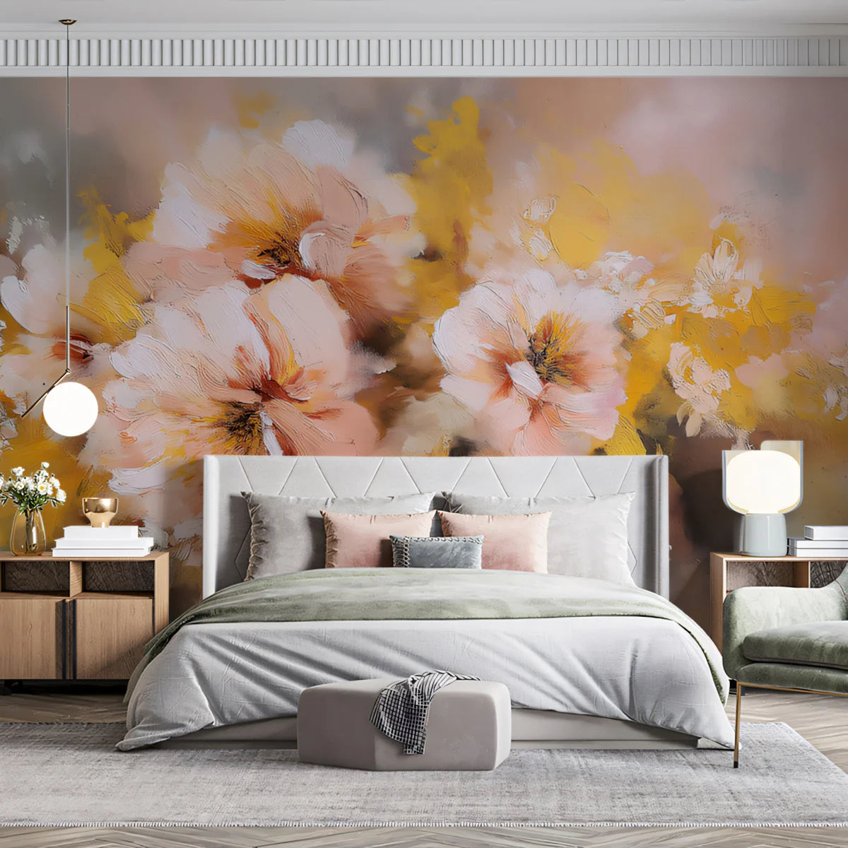 Impressionist Floral Mural Wallpaper — Soft Peach and Golden Hues Mural Wallpaper - pure wallpaper artwork