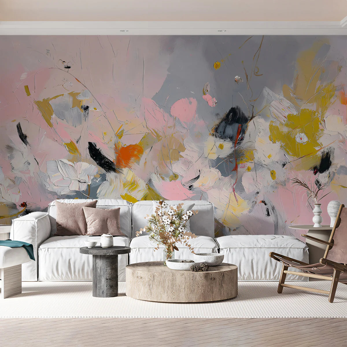 Abstract Expressive Floral Mural Wallpaper — Painterly Pink and Ochre Mural Wallpaper - pure wallpaper artwork