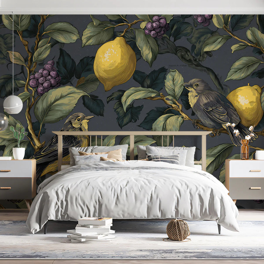 Vintage Lemon and Bird Mural Wallpaper — Charcoal Botanical Pattern Mural Wallpaper