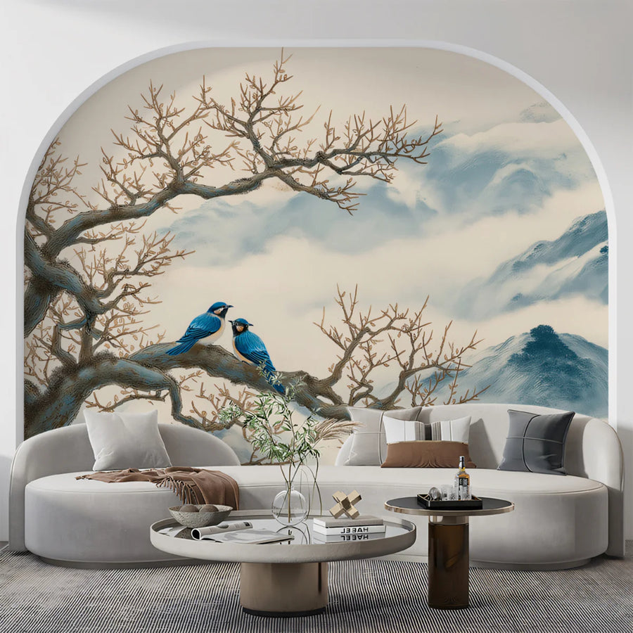Blue Bird & Misty Mountain Ink Wash Mural Wallpaper