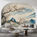 Blue Bird & Misty Mountain Ink Wash Mural Wallpaper - pure wallpaper artwork