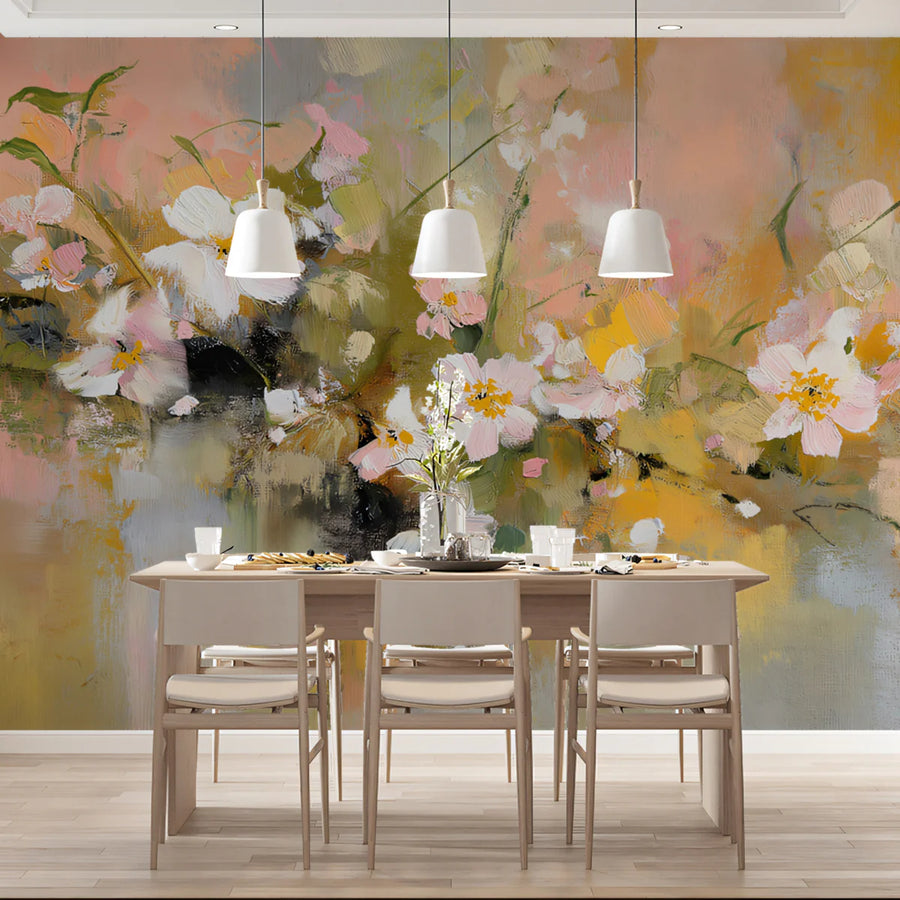 Abstract Meadow Floral Mural Wallpaper — Painterly Soft Blush Mural Wallpaper