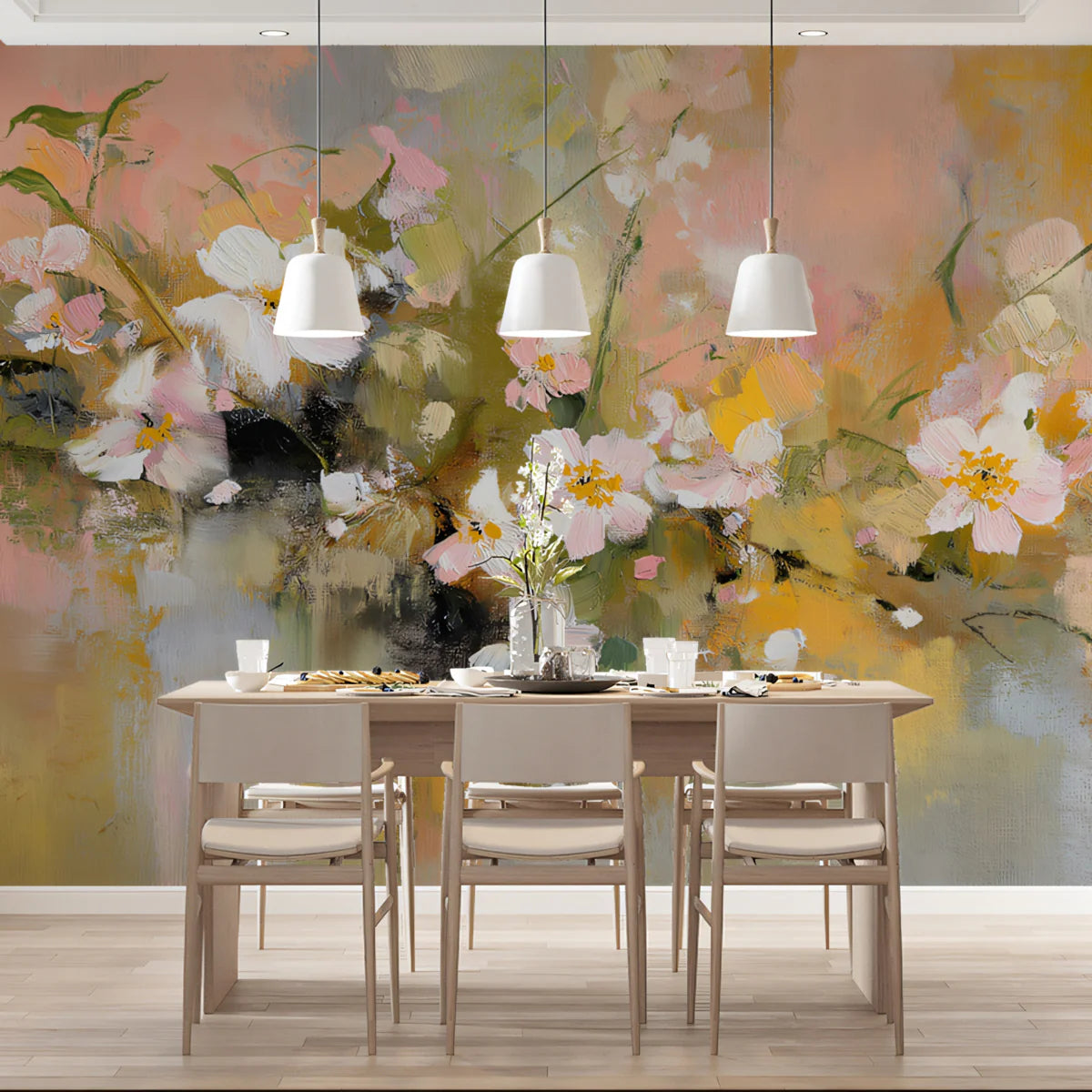 Abstract Meadow Floral Mural Wallpaper — Painterly Soft Blush Mural Wallpaper - pure wallpaper artwork