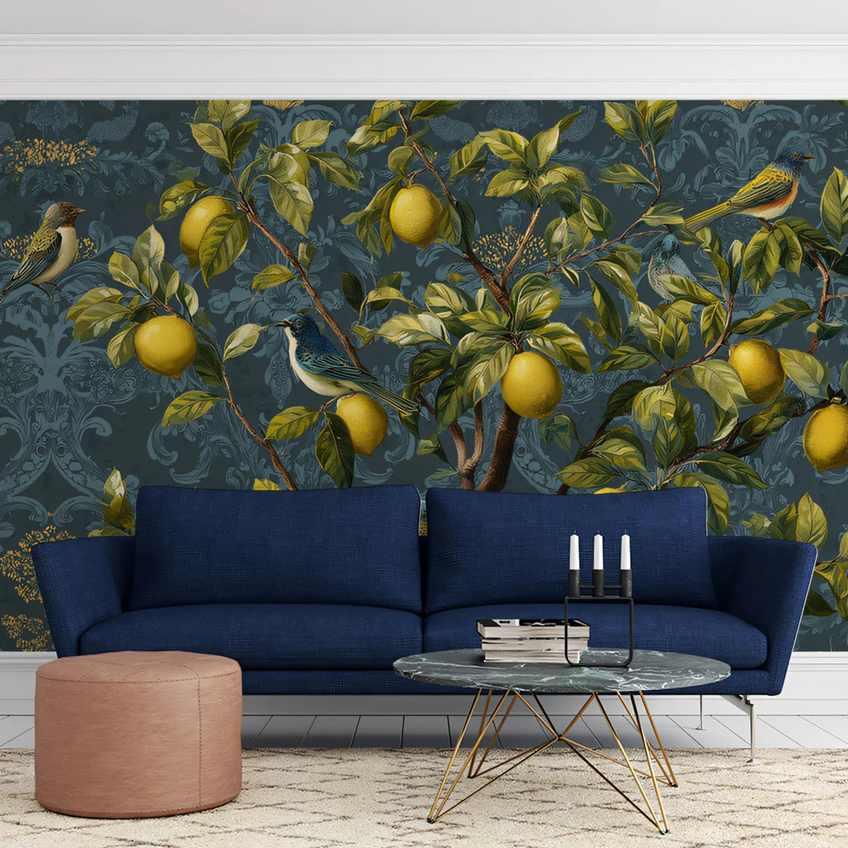 Lemon Tree Damask Mural Wallpaper —Teal and Gold Botanical Mural Wallpaper - pure wallpaper artwork