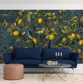 Lemon Tree Damask Mural Wallpaper —Teal and Gold Botanical Mural Wallpaper - pure wallpaper artwork