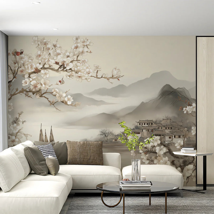 Oriental Plum Blossom Landscape Mural Wallpaper — Ink Wash Style Mural Wallpaper