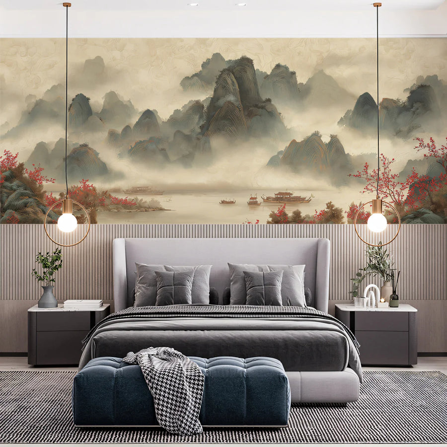 Misty River Landscape Mural Wallpaper — Traditional Ink Scenery Mural Wallpaper