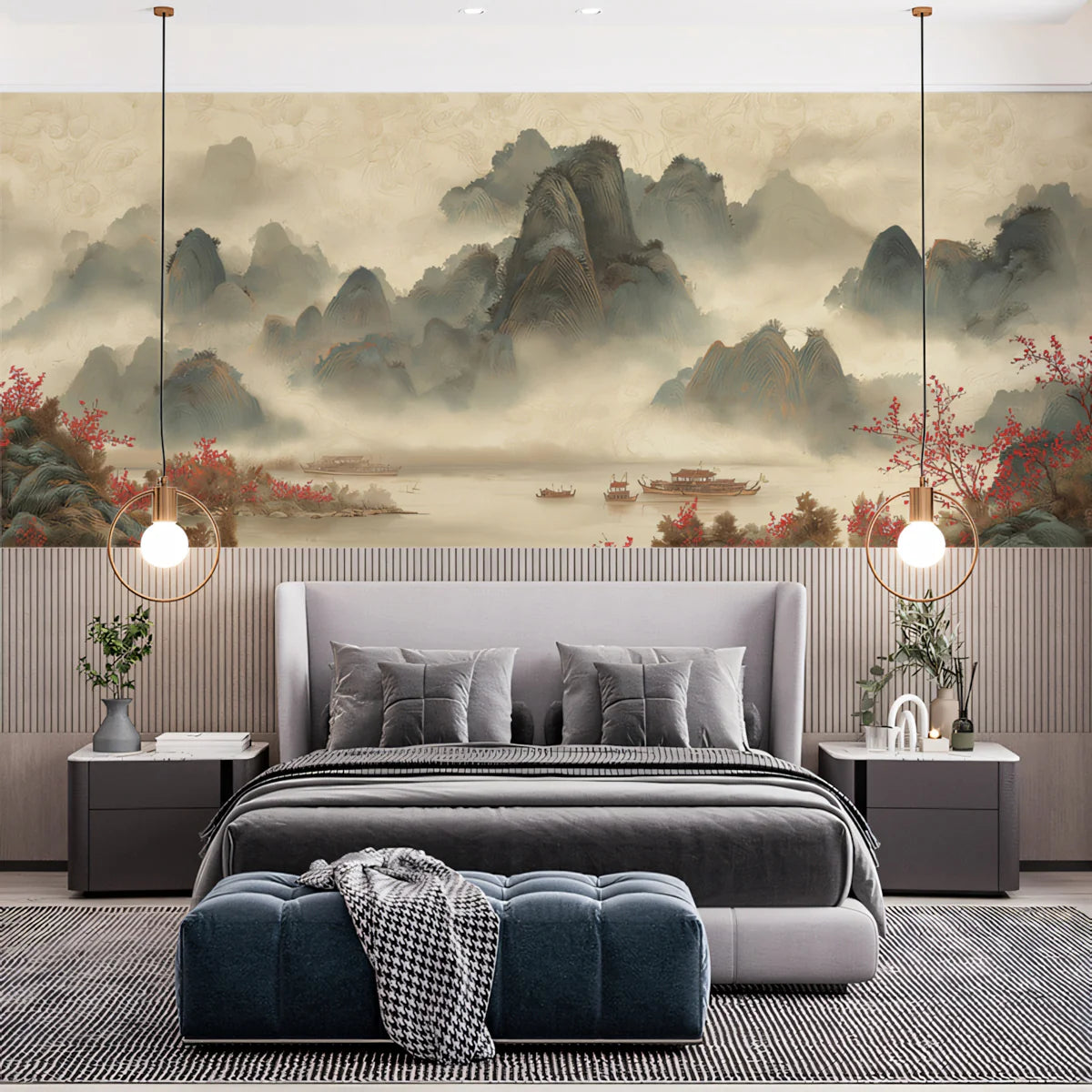 Misty River Landscape Mural Wallpaper — Traditional Ink Scenery Mural Wallpaper - pure wallpaper artwork