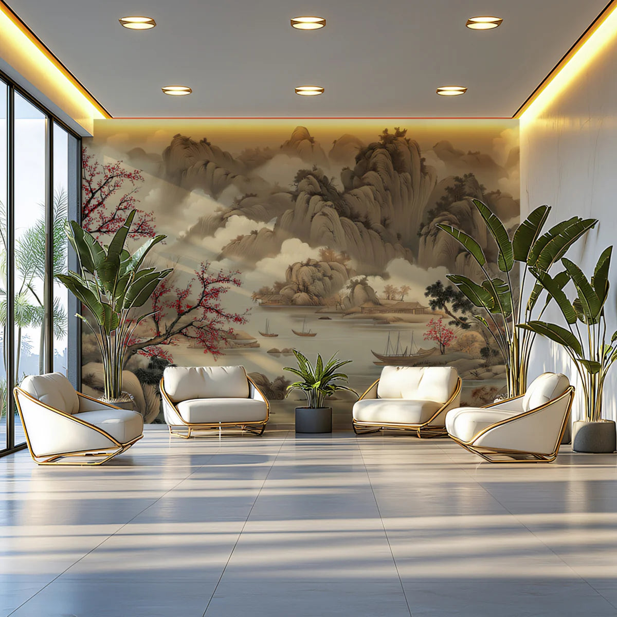 Chinese Landscape Mural Wallpaper with Red Plum Blossom Art Mural Wallpaper - pure wallpaper artwork