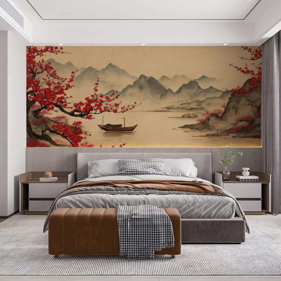 Oriental Plum Blossom Landscape Mural Wallpaper — Traditional Art Mural Wallpaper