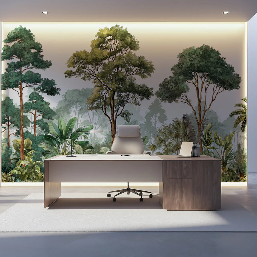 Lush Tropical Canopy Mural Wallpaper — Botanical Art Print Mural Wallpaper