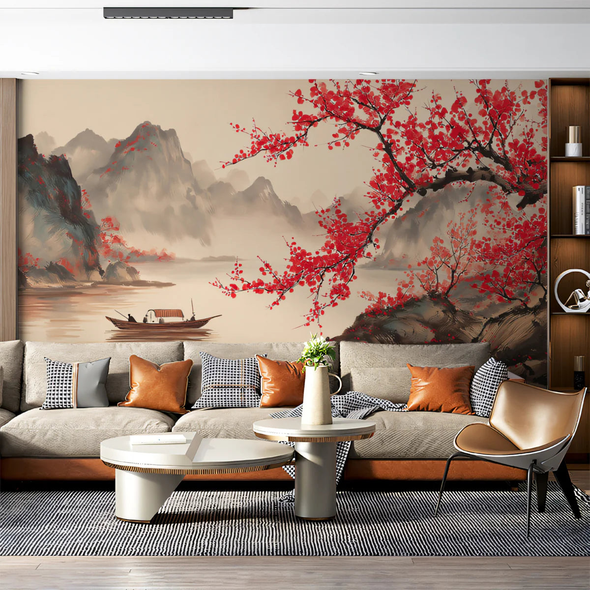 Red Plum Blossom Landscape Mural Wallpaper — Artistic River Scene Mural Wallpaper - pure wallpaper artwork