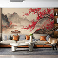 Red Plum Blossom Landscape Mural Wallpaper — Artistic River Scene Mural Wallpaper - pure wallpaper artwork
