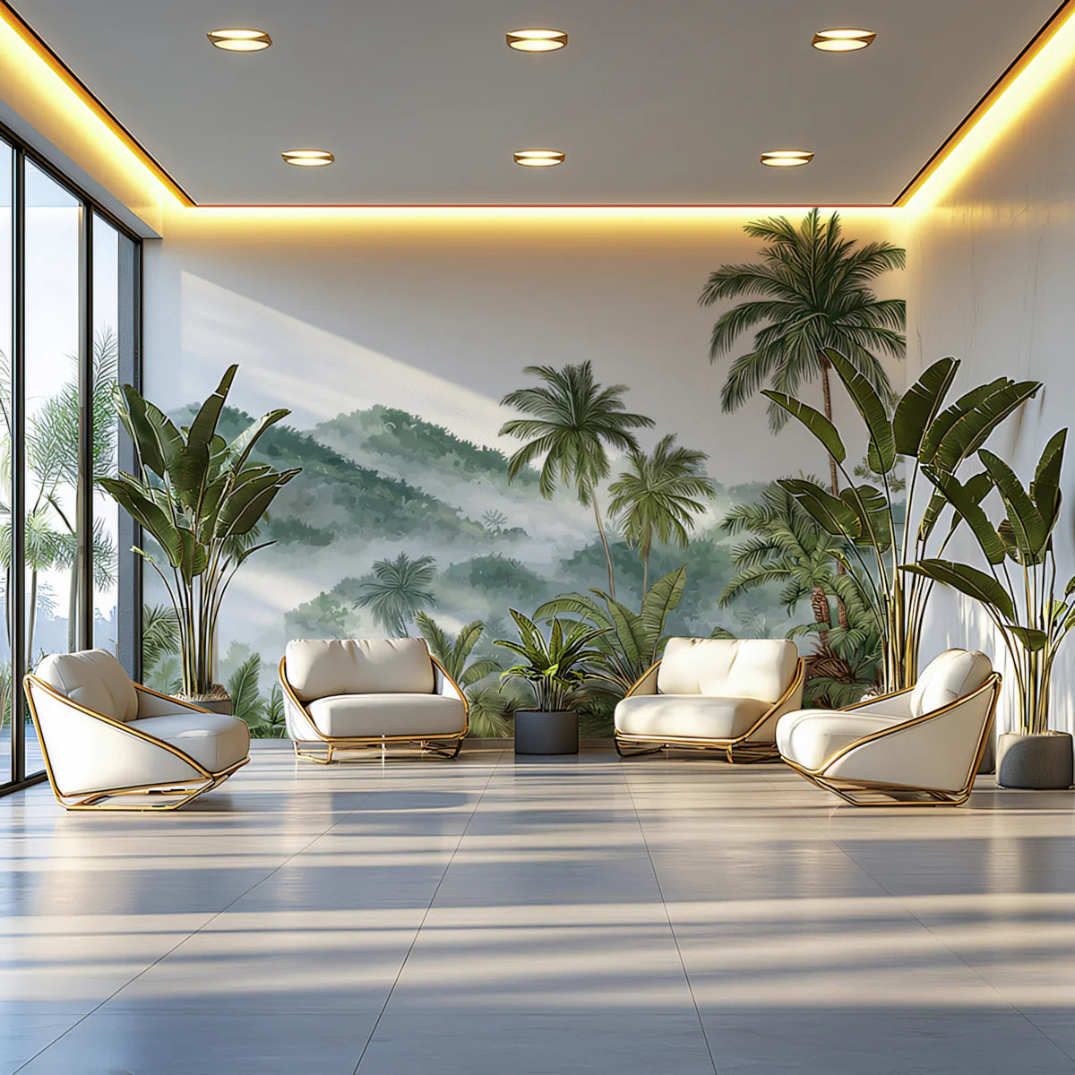 Misty Tropical Mountain Mural Wallpaper — Painterly Palm Design Mural Wallpaper - pure wallpaper artwork