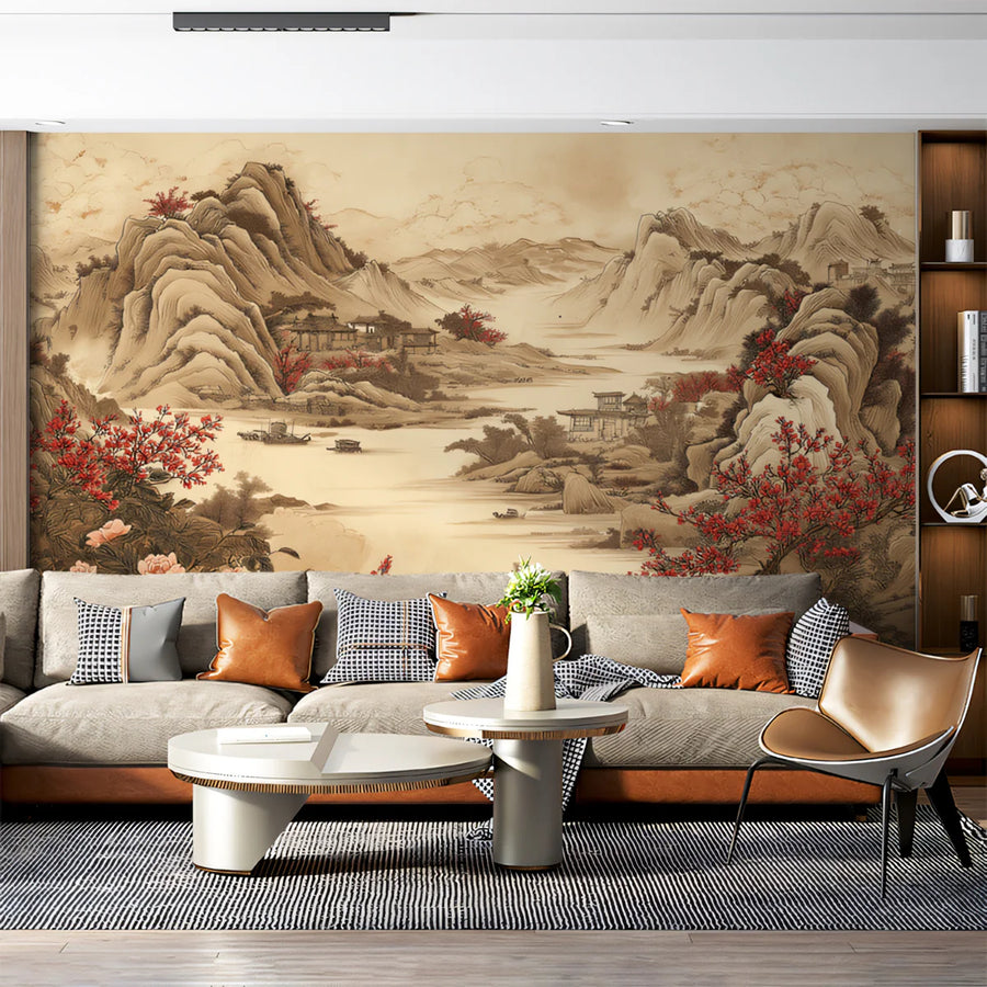 Vintage Chinese River Landscape Mural Wallpaper with Red Florals Mural Wallpaper