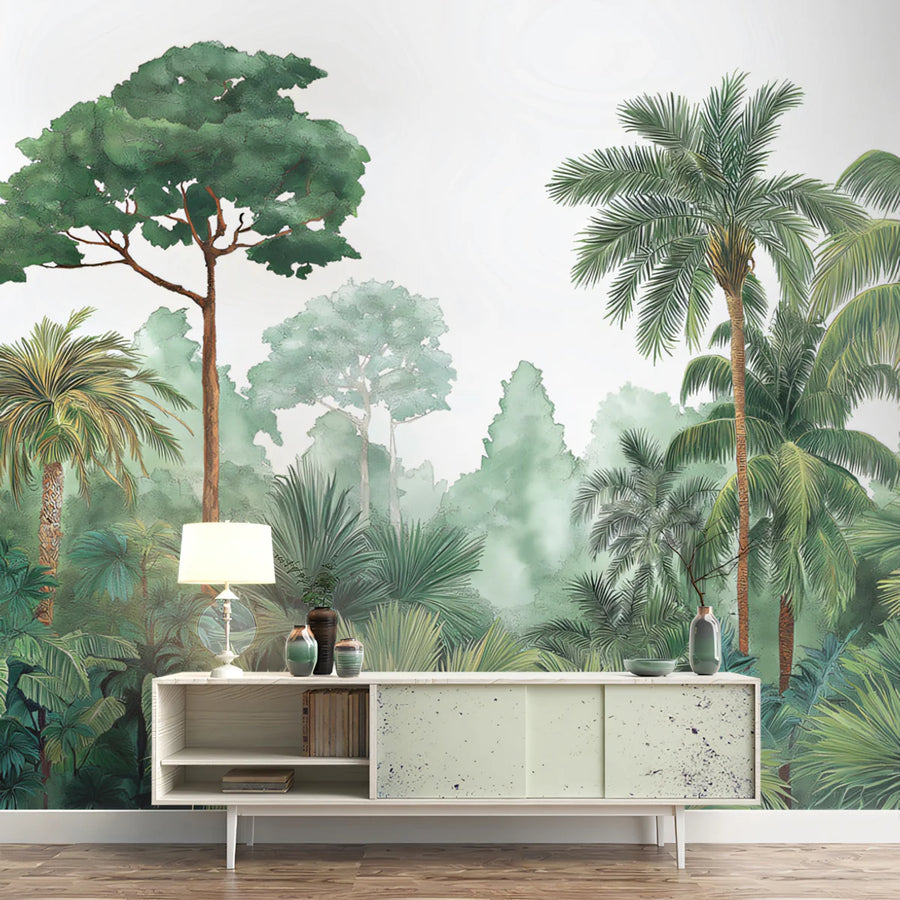 Verdant Jungle Palm Mural Wallpaper — Hand-Painted Botanical Style Mural Wallpaper