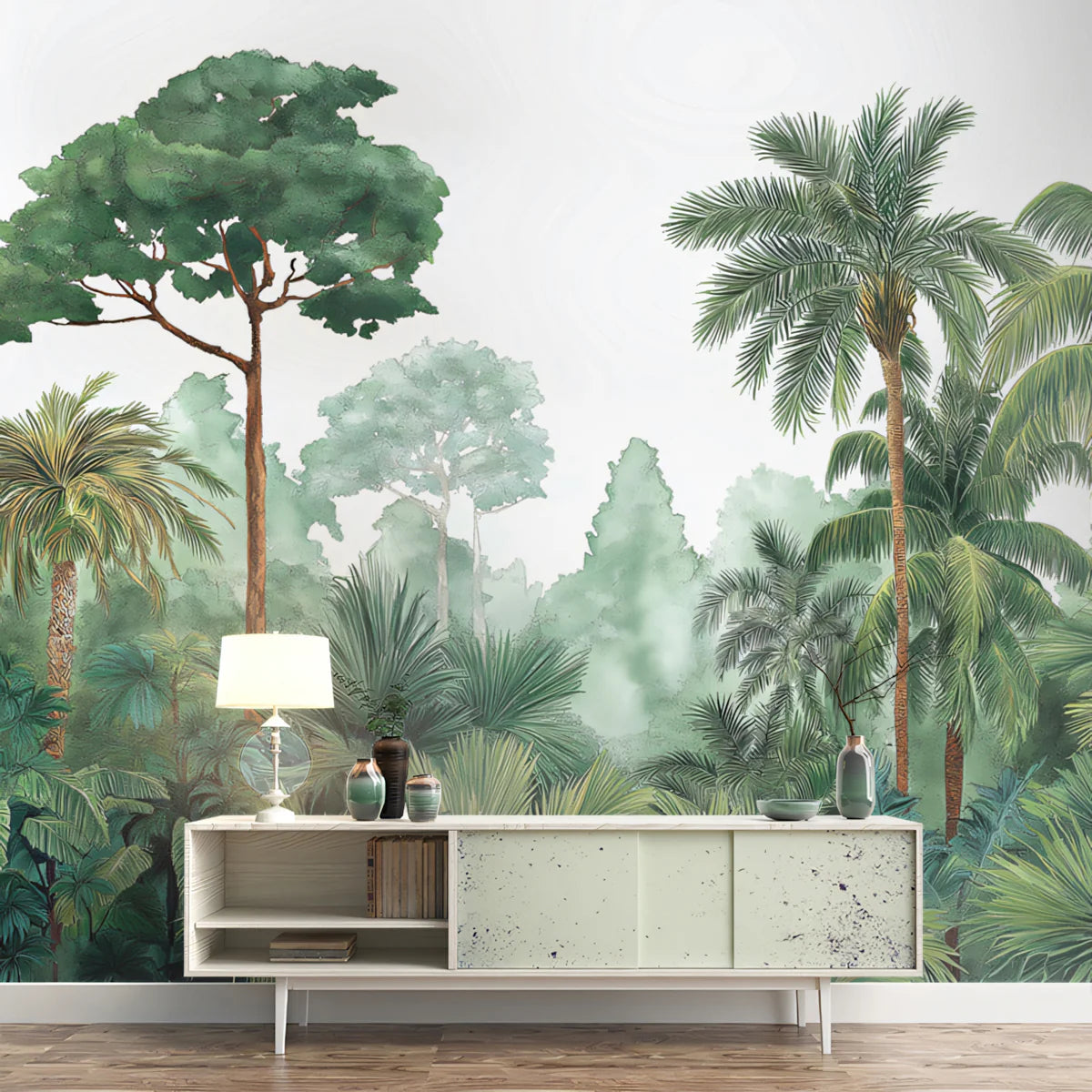 Verdant Jungle Palm Mural Wallpaper — Hand-Painted Botanical Style Mural Wallpaper - pure wallpaper artwork