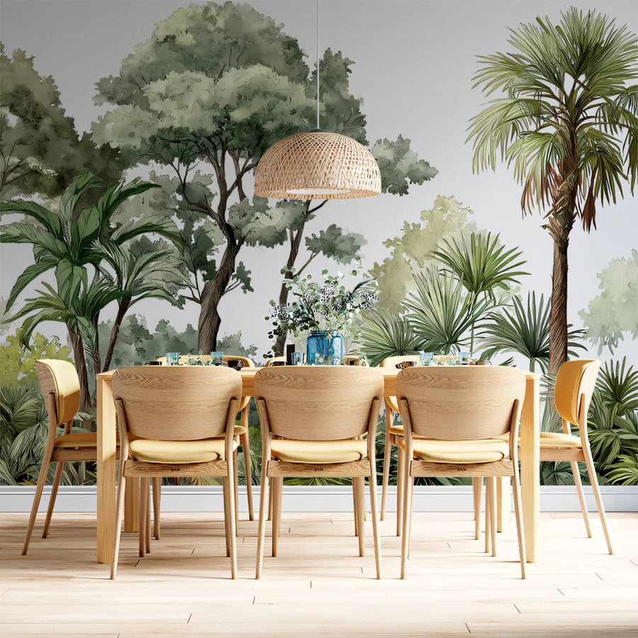 Watercolor Botanical Forest Mural Wallpaper — Lush Tropical Palm Mural Wallpaper