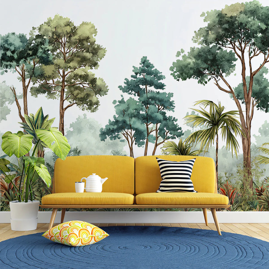 Watercolor Botanical Forest Mural Wallpaper — Hand-Painted Greenery Mural Wallpaper