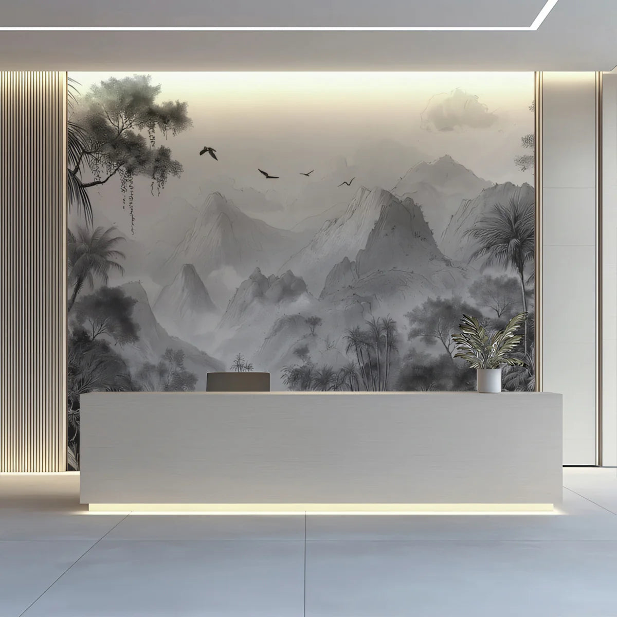 Monochrome Jungle Landscape Mural Wallpaper — Hand-Drawn Scenic Mural Wallpaper - pure wallpaper artwork