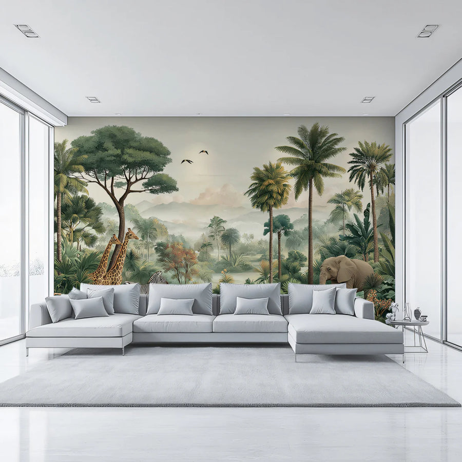 Safari Wildlife Mural Wallpaper — Vintage Tropical Landscape Mural Wallpaper