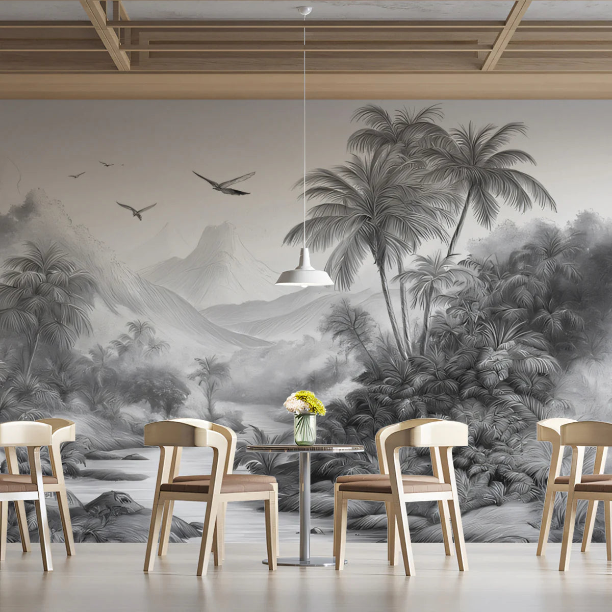 Monochrome Jungle River Mural Wallpaper — Hand-Drawn Tropical Scene Mural Wallpaper - pure wallpaper artwork
