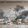 Monochrome Jungle River Mural Wallpaper — Hand-Drawn Tropical Scene Mural Wallpaper - pure wallpaper artwork